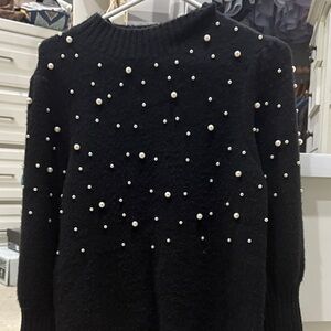 Lucy Paris Black Sweater with Pearl Accents